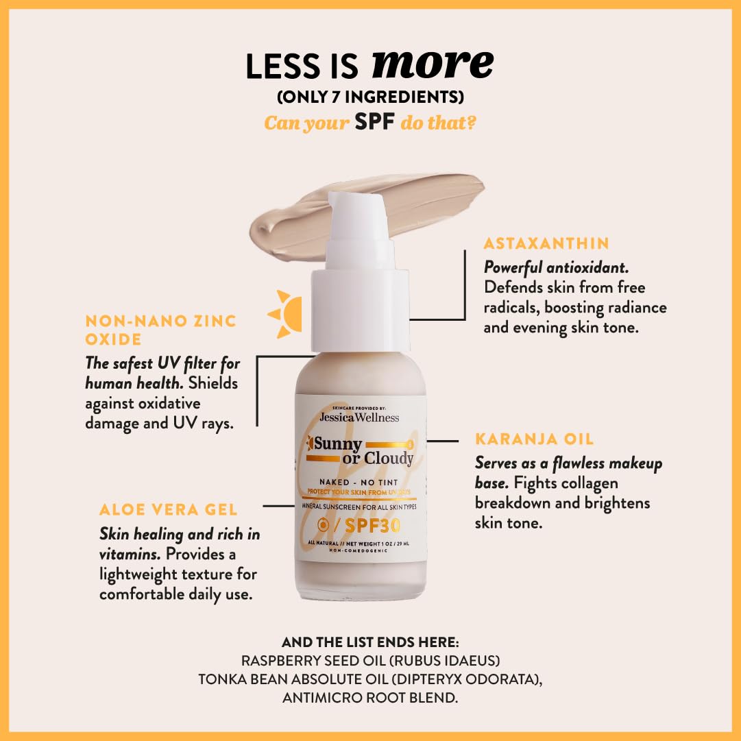 Jessica Wellness Mineral Sunscreen + Hydrating Serum with Broad Spectrum SPF 30 & Antioxidants, Oil-Free, Fragrance Free, Non-Nano Zinc Oxide. 1 oz (Light)