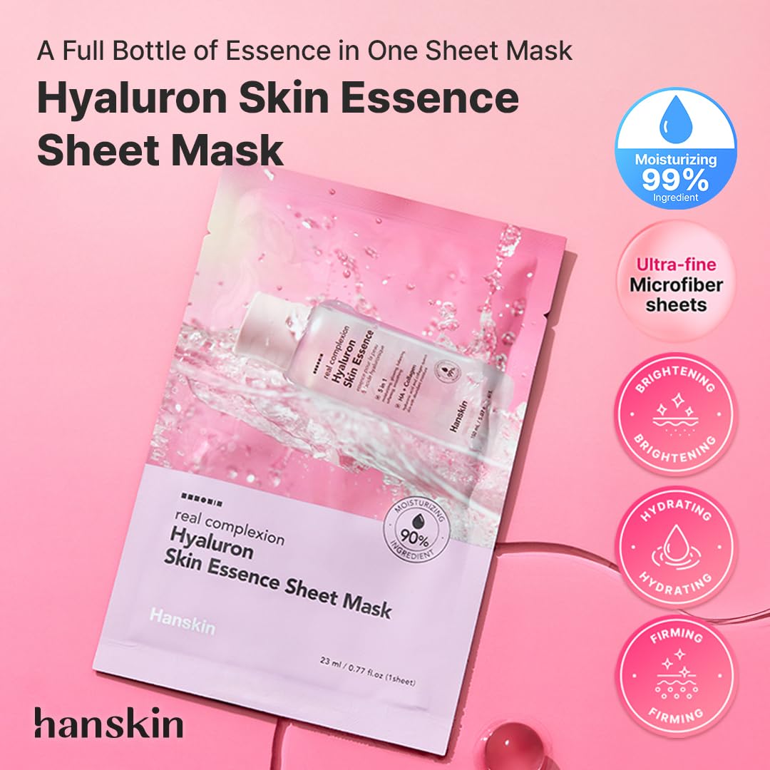 Hanskin Hyaluron Glow Sheet Mask – Korean Hydrating Face Mask with Hyaluronic Acid, Rosehip Extract & Madecassoside for Plump, Calm & Dewy Skin | Moisturizing Glass Skin Serum Mask | 10EA