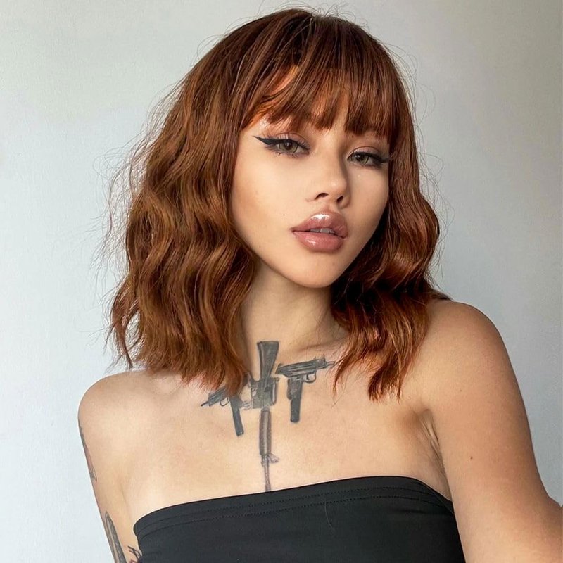 LOSMOEER Green Wig with Bangs Short Wavy Wigs for Women Shoulder Length Curly Bob Wigs Heat Resistant Synthetic Wigs for Halloween Cosplay Daily Party Use