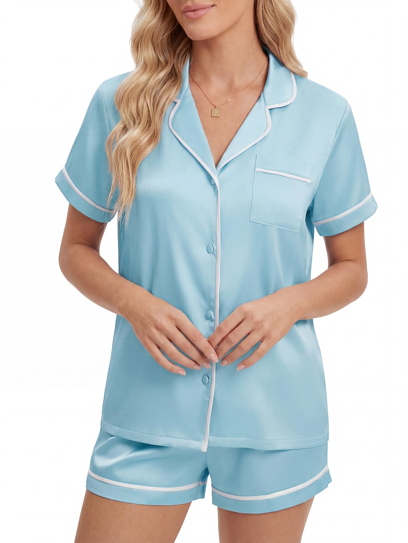 LYANER Women's Satin Pajamas for Women Silk 2 Piece Pj Sets Short Sleeve Button Down Loungewear Neon Blue X-Small