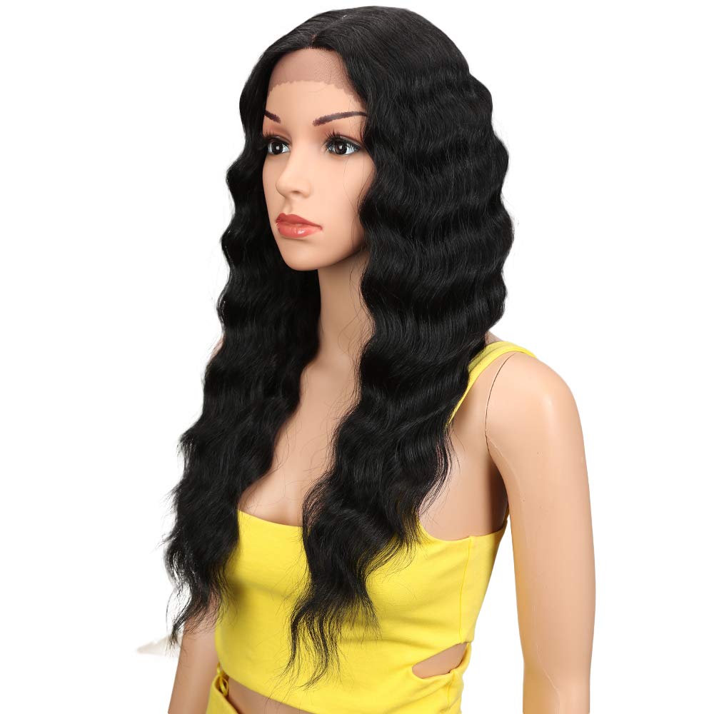 Joedir Lace Front Wigs 24" Long Wavy Synthetic Wigs For Black Women 130% Density Heat Resistant Synthetic Hair Wig(NATURAL BLACK)