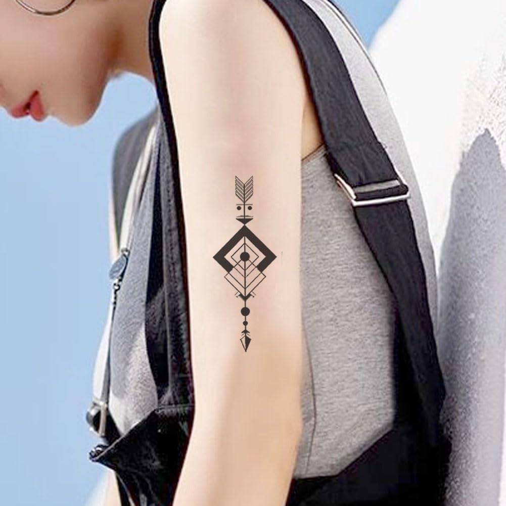 Oottati 8 Sheets Geometric Temporary Tattoos for Adults Men Women, Tribal Arrow Feather Moon Fake Tattoo Stickers, Waterproof Long Lasting Body Art for Arm Wrist