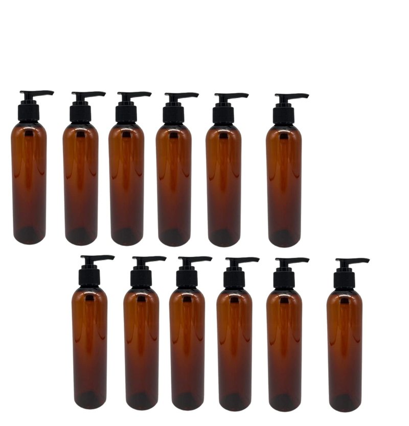 Natural Farms 12 Pack - 8 oz – Empty Squeeze Plastic Bottle - Amber Cosmo with Black Pump - for Essential Oils, Perfumes, Cleaning Products