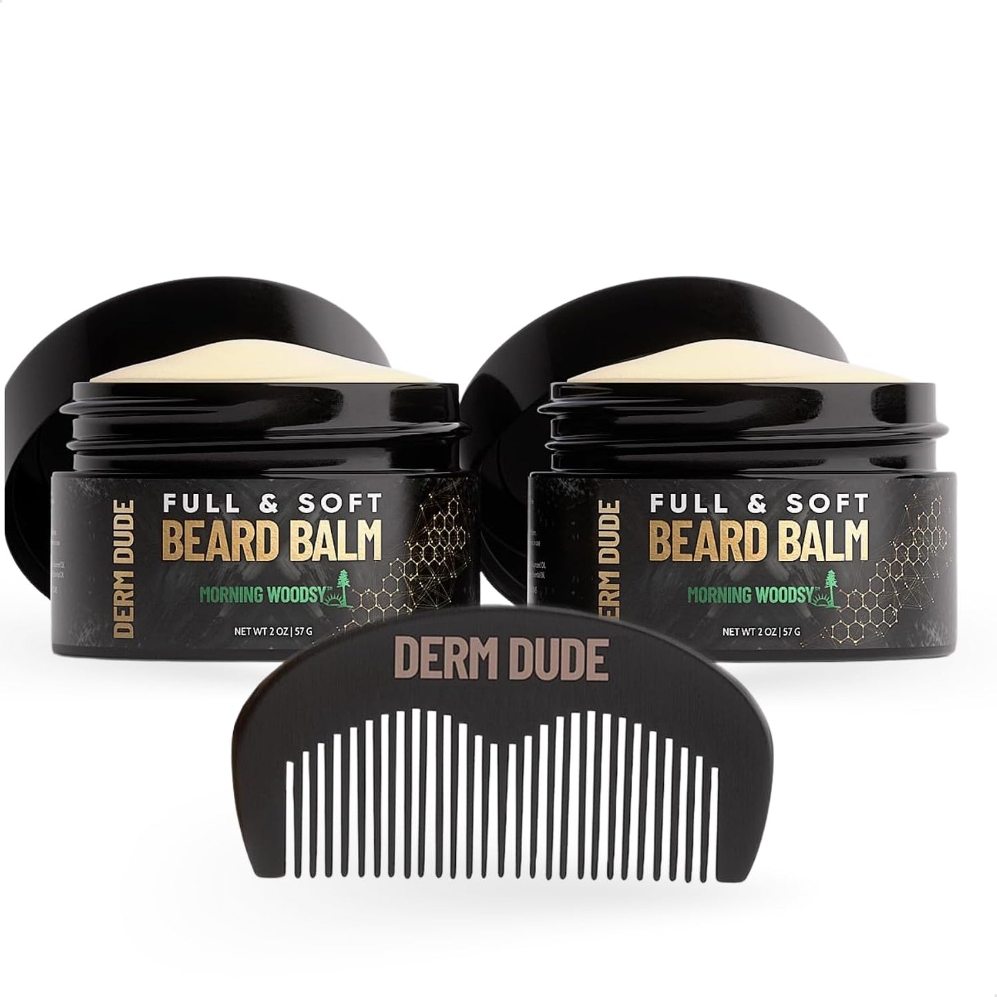 Derm Dude Full and Soft Beard Balm, Styles and Strengthens Beard, Promotes Fuller Beard, Moisturizes and Soothes Beard, and Free Beard Comb, Morning Woodsy Scent, 2 Fl Oz, 2 Pack