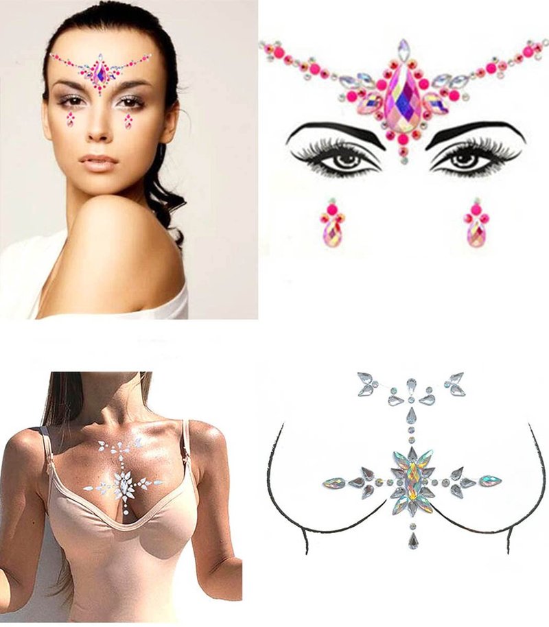 Blindery Rhinestone Mermaid Face Gems Rave Body Jewelry Tattoo Pink Body Stickers Festival Chest Gems for Women and Girls 2PC