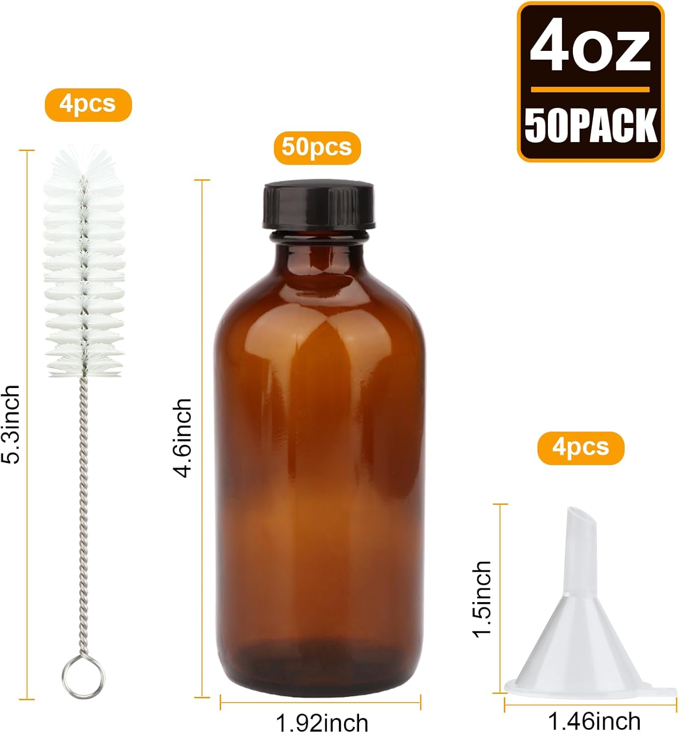 Maredash Amber Glass Bottles - 4oz Boston Round Containers with Leak-Proof Caps | 50 Pack for Essential Oils, Extracts & Herbal Remedies