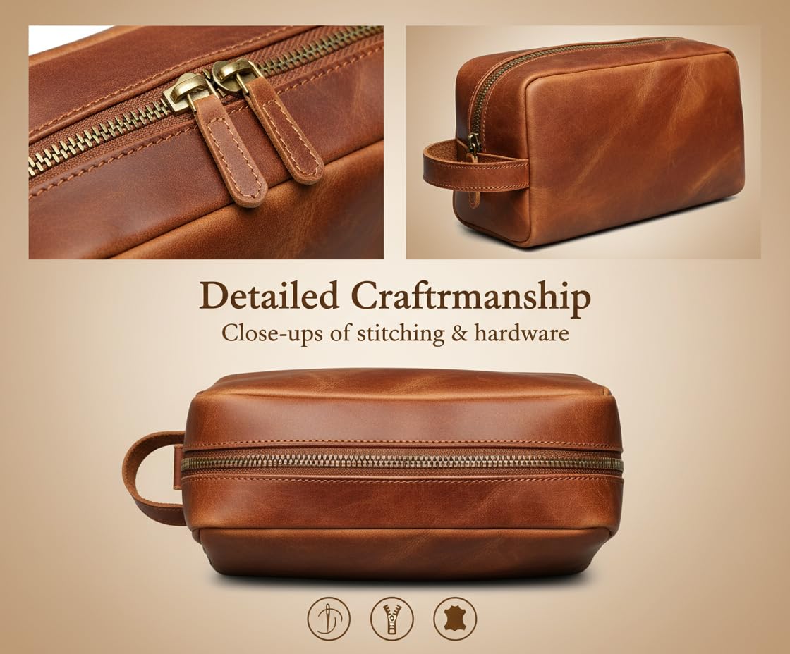 The Tannery Genuine Leather Toiletry Bag For Men & Women, Lightweight Pouch For Unisex, Durable Makeup Kit Bag, Best Gift For Father's Day, Stylish Travel Organizer, Thanks Giving (Tan Brown)
