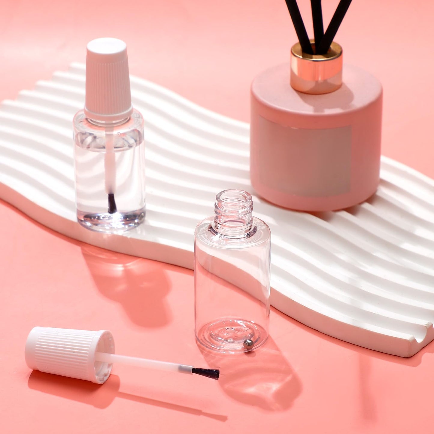 Irenare 10 Pcs Refillable Empty Nail Polish Bottles with Brush Mixing Marble Conservation Insert and Brush Top Plastic Nail Polish Container, Clear (20 ml)