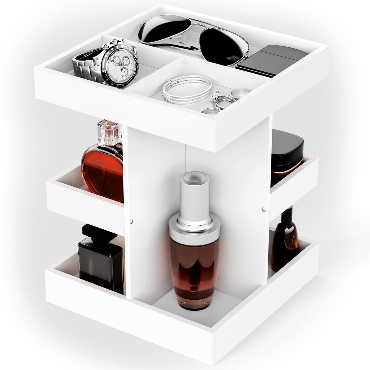 Cologne Organizer for Men - 3-Tier Large Capacity Wood 360° Rotating Cologne Stand,Desk/Nightstand/Bathroom Counter Perfume Storage,Birthday for Men (White)