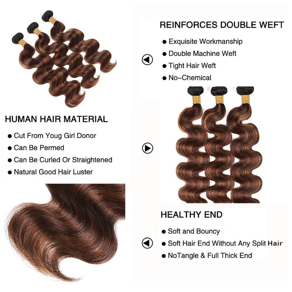P4/30 Human Hair Bundles Body Wave Bundles With Highlights Human Hair 14 16 18 Inch Brazilian Virgin Remy Hair Extensions Dark Brown Bundle Hair Weave Salon Quality 100g/Pc