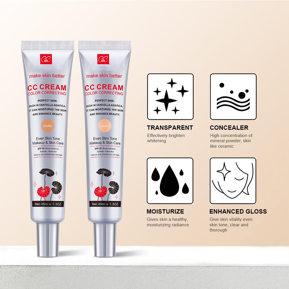 Color Correcting CC Cream with SPF 25, Coverage Lightweight Foundation, Hydrating Serum, Even Skin Tone Makeup and Skin Care, Refine Skin Texture, Avoid Sun Damage