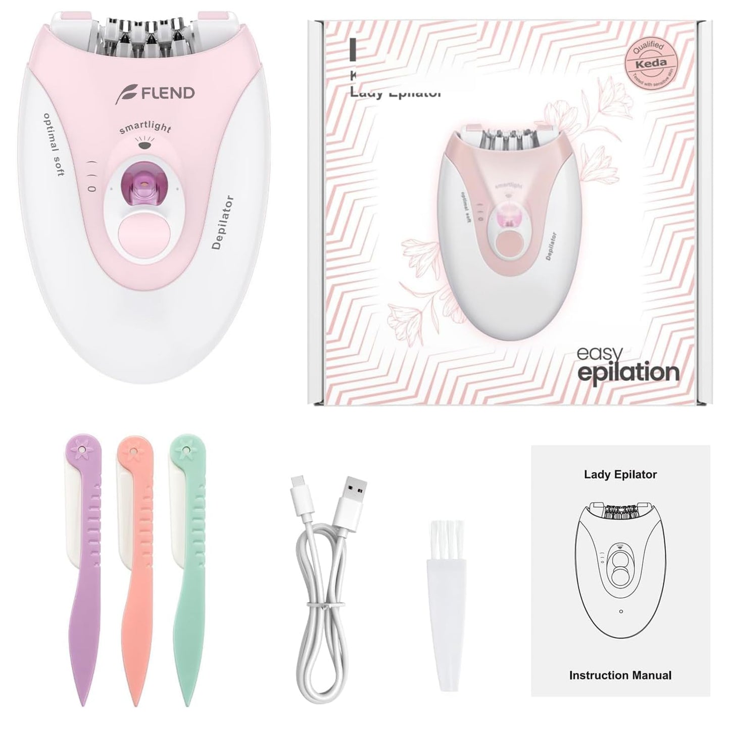 Smooth Glide Epilator for Women, 2 Speeds Facial Hair Removal Device with LED Light, 36 Tweezers & Massage Pad. Rechargeable Facial Hair Removal Epilator for Bikini, Arms, Legs, and Face