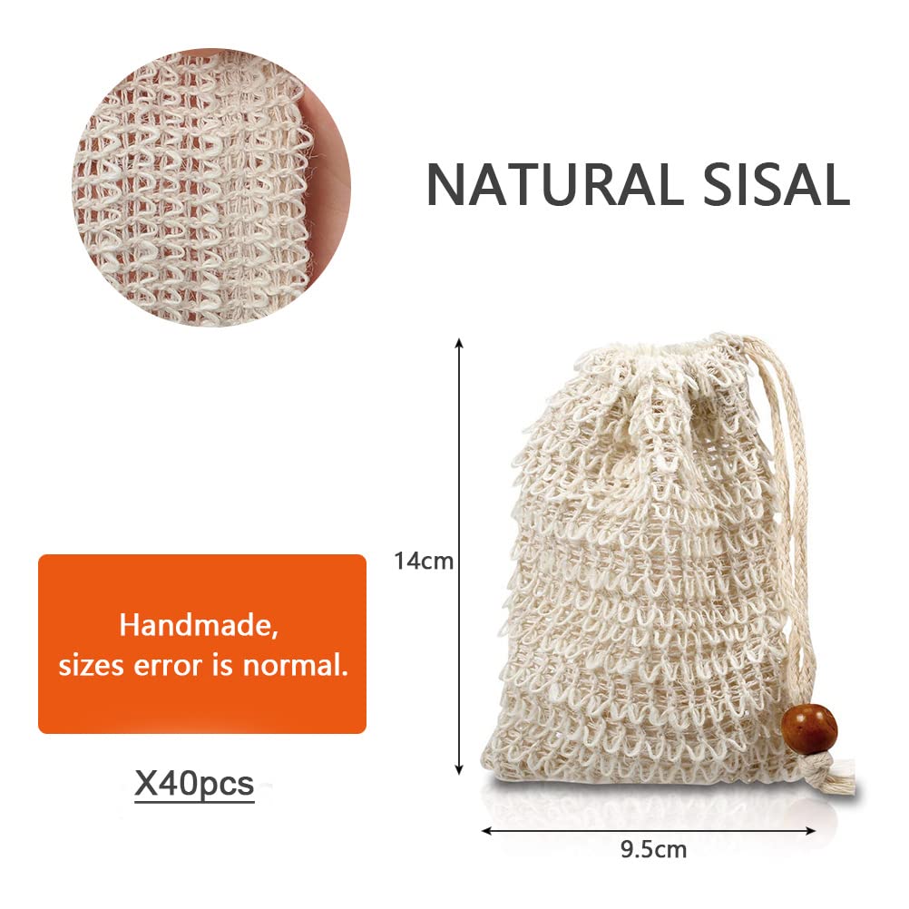 BUYGOO 40Pack Soap Saver Bag Exfoliating Sisal Soap Pouch with Drawstring Bar Wooden Bead Foaming and Drying Exfoliating Net for Bath and Shower