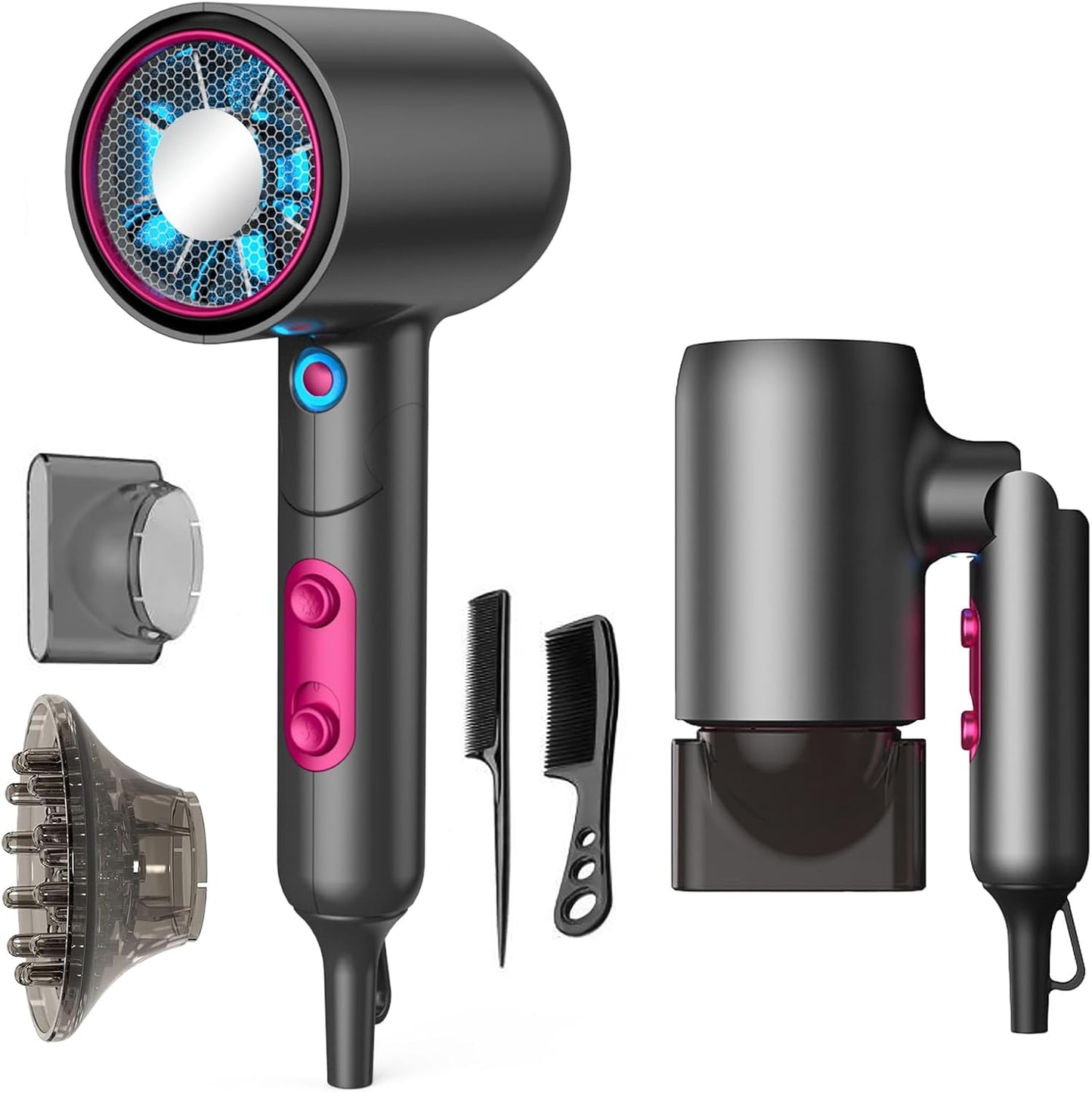Portable Hair Dryer - Ionic Fast Drying with Blue Light Scalp Care | Foldable Design, 2 Speeds, Diffuser & Nozzle