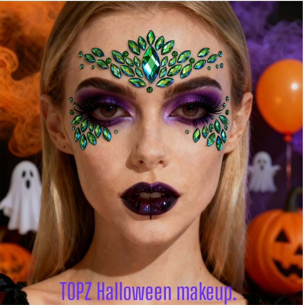Face Jewels - Green Rhinestone Stickers for Halloween Makeup | Self-Adhesive Festival Glitter Gems