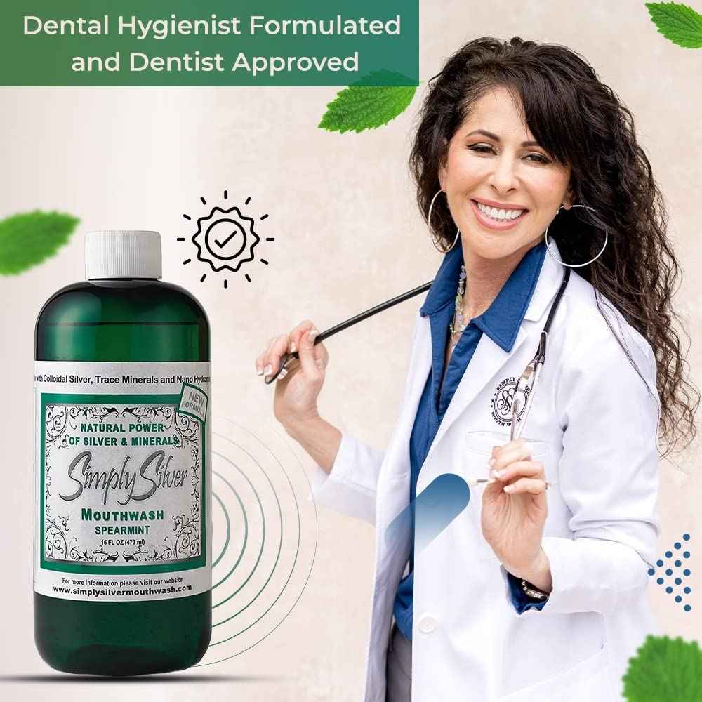 Simply Silver Mouthwash Spearmint Flavor- Nano Hydroxyapatite Formula, All Natural Colloidal Silver Mouthwash Chemical, Alcohol, Fluoride, and BPA Free, 16 oz
