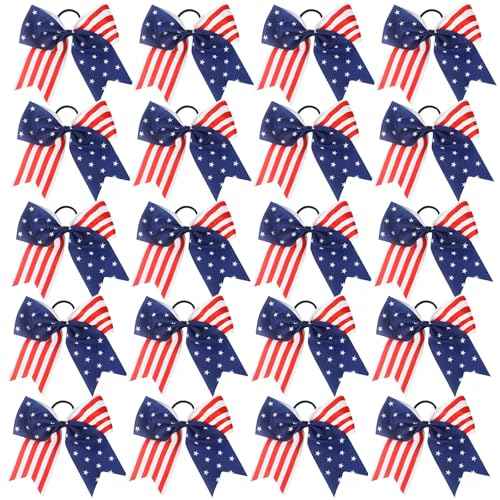 American USA Flag Cheer Bows for Girls,Red White and Blue Patriotic Flag Festival Hair Bow With Elastic Band Hair Accessories (Red 20pcs)