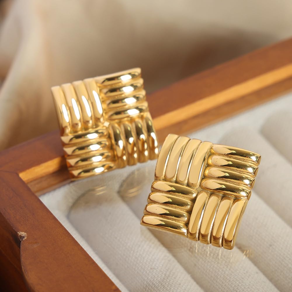 JeanBeau Chunky Large Square Stud Earrings for Women, Trendy Statement Geometric Rectangle Textured Lightweight Hypoallergenic Earing Prom Fashion Jewelry Gift
