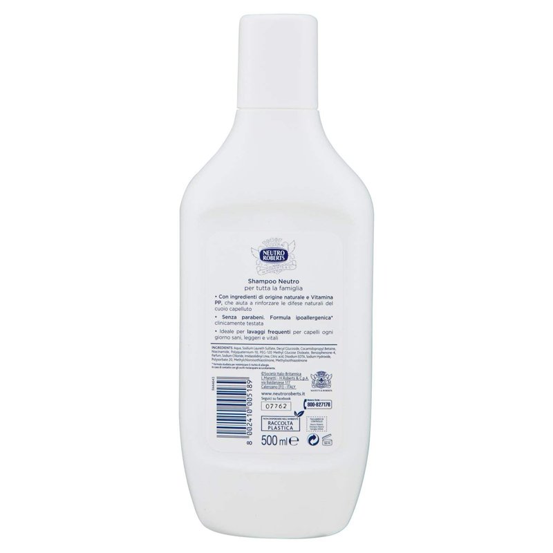 Neutro Roberts: Neutral Shampoo for the Whole Family - 17.6 Fluid Ounces (500mL) Bottle [ Italian Import ]