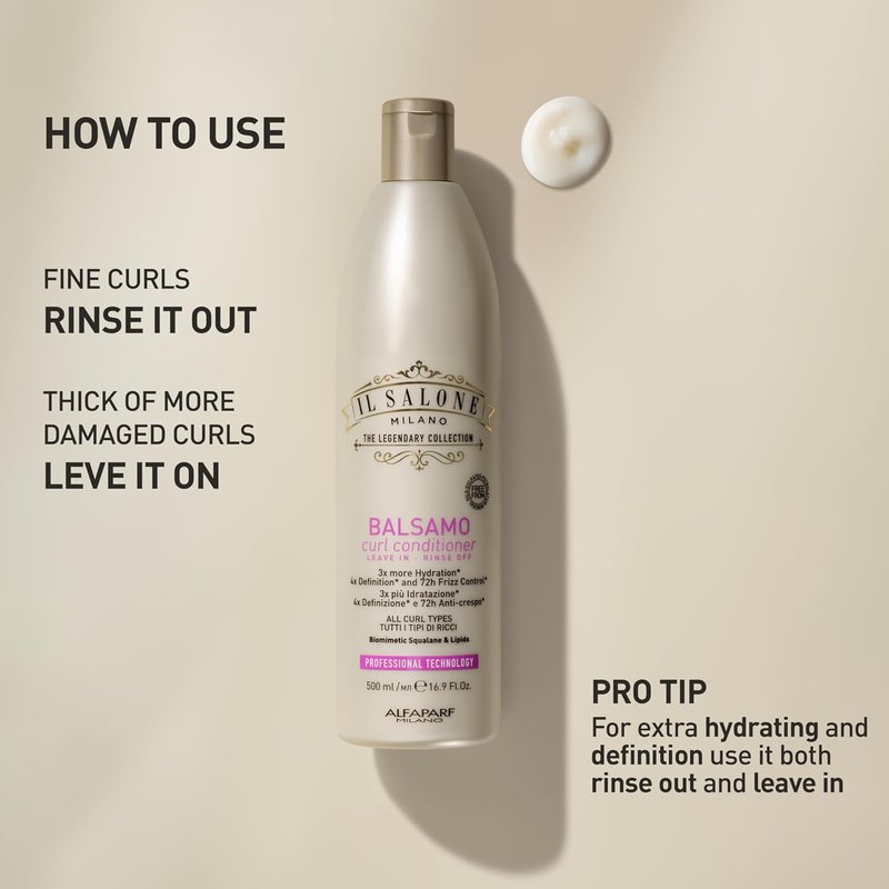Il Salone Milano Curl Conditioner - Dual Use Leave-In or Rinse Off | Heat Protection & Hydration for All Curl Types (16.9 fl oz)