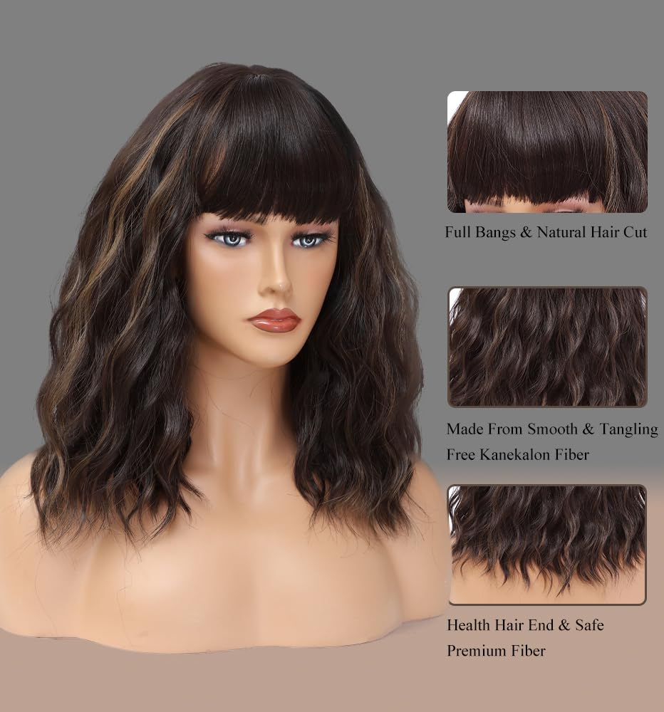 Brown Highlights Blonde Wig with Bangs for Women,14 Inch Wavy Bob Hair
