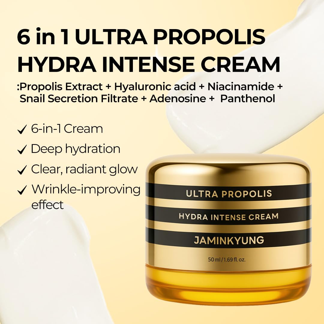 Jaminkyung Triple Propolis & Snail Mucin Face Cream, Korean Glass Skin Moisturizer with 8-Layer Hyaluronic Acid & Panthenol for Deep Hydration, Glowing & Repairing Dry, Dull Skin, 1.69 fl oz