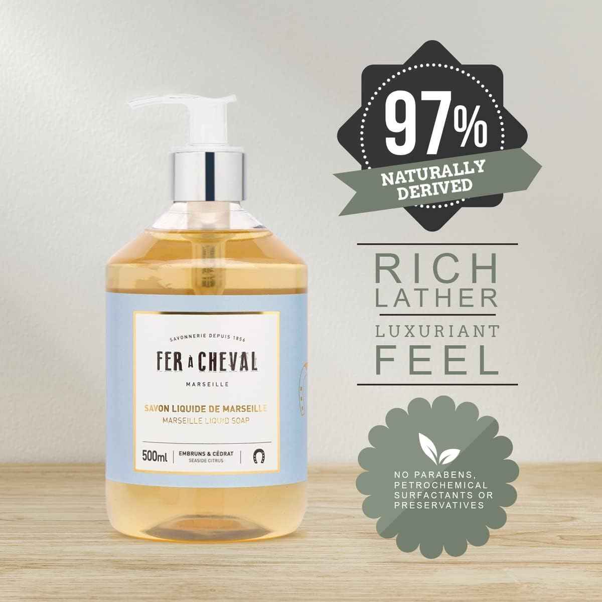 Fer à Cheval Marseille Liquid Soap, Luxury French Liquid Soap, Savon Liquide De Marseille, Seaside Citrus, 500 ml/16.9 fl oz