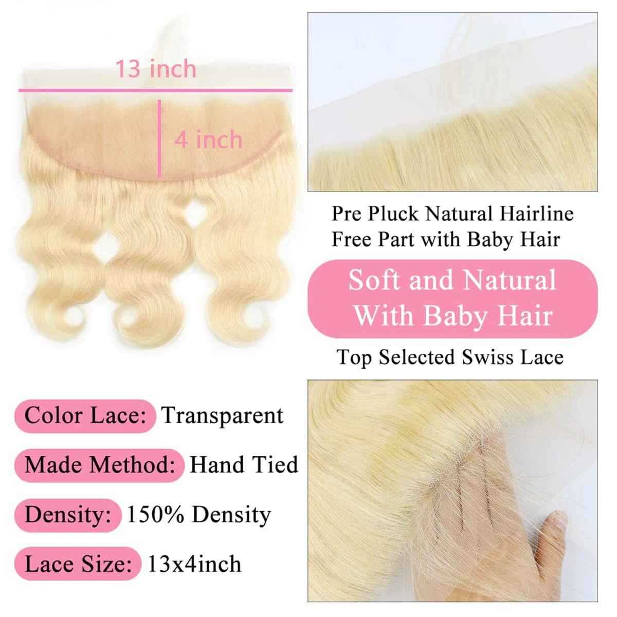 Blonde Human Hair Frontal - 13x4 Transparent HD Lace Closure | 100% Brazilian Body Wave, 10 Inch, Pre Plucked with Natural Hairline