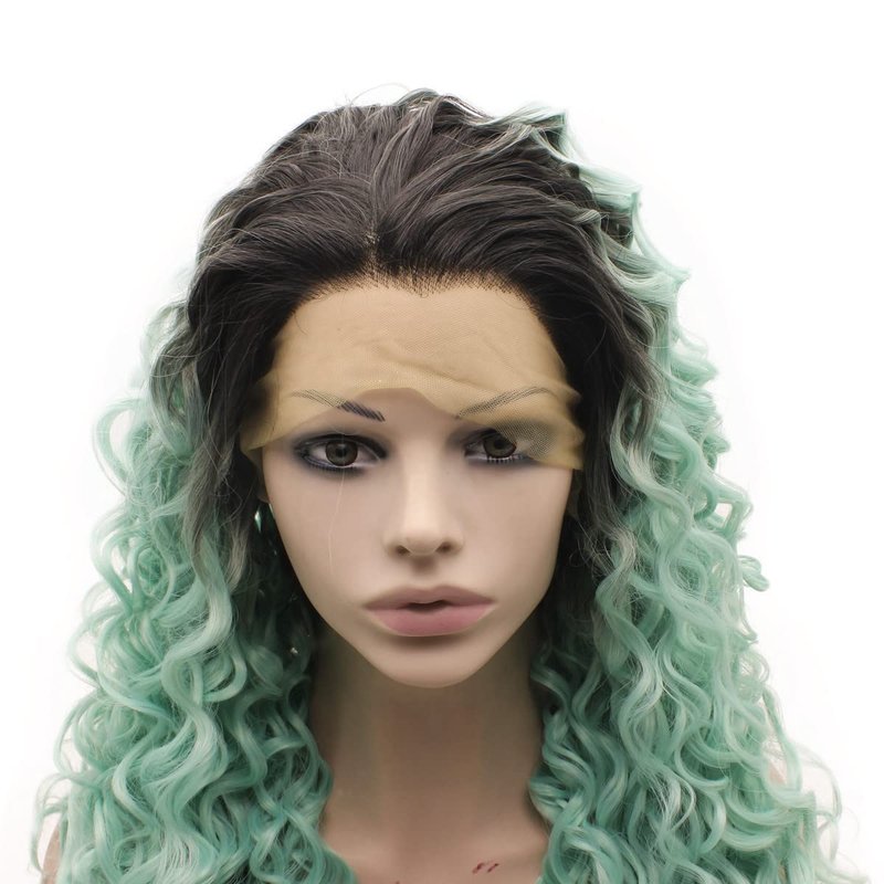 Long Curly Heat Resistant Synthetic Lace Front Wig - Dark Root Blue Color