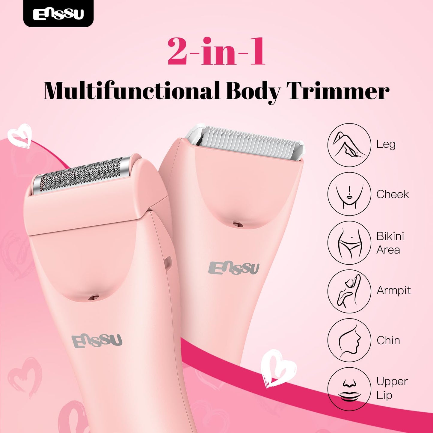 ENSSU Bikini Trimmer for Women - 2 in 1 Pubic Hair Trimmer IPX7 Waterproof, Razors for Women with LED Light & USB Charge, Painless Electric Shaver with Ceramic Blade for Bikini Legs Arm Underarm