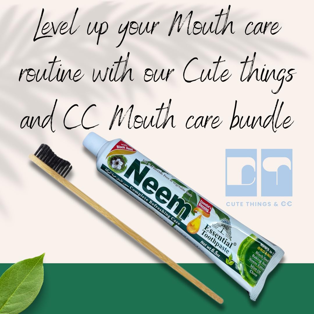 CUTE THINGS & CC Eco-Friendly Mouthcare Bundle: 2pk Essential Palace Neem Toothpaste Makes 13 OZ, Combo & 2pk Bamboo Brushes