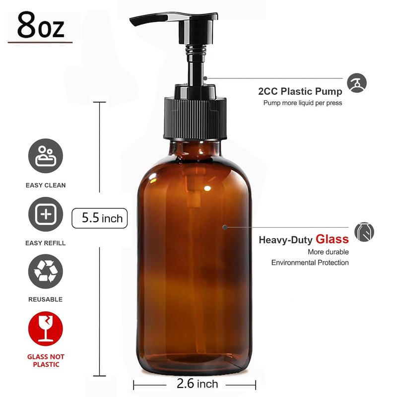 BPFY 12 Pack 8 oz Amber Glass Bottles with Pumps for Essential Oils, Cleaning Products, Lotions, Aromatherapy Oil, Pump Bottles, Refillable Containers with Cap, Funnel, 12 Chalk Labels, 1 Pen