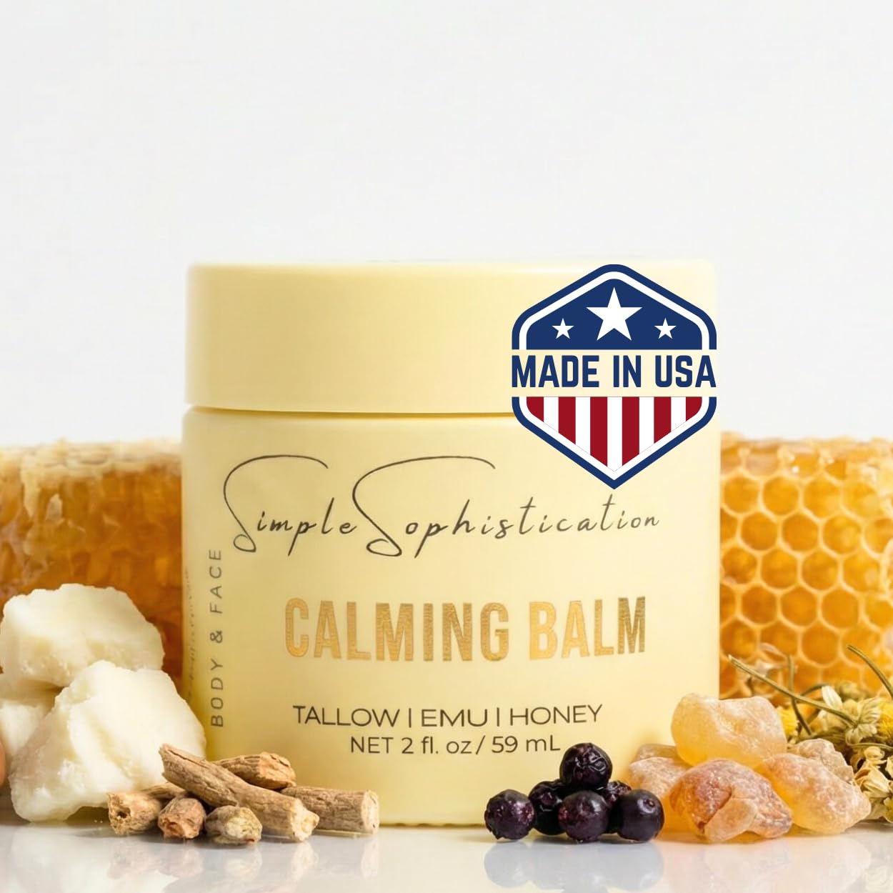 Simple Sophistication Tallow Emu Honey Balm | Nourishing Face & Body Moisturizer with Manuka Honey & Emu Oil, Non-Greasy Natural Skincare (Calming Balm with Ashwagandha + Frankincense)