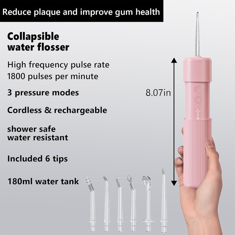 HUACO CARE Portable Mini Water Flosser, Oral Irrigator Water Teeth Cleaner Pick with Telescopic Water Tank,3 Modes & IPX7 Waterproof, Home & Travel (Pink)