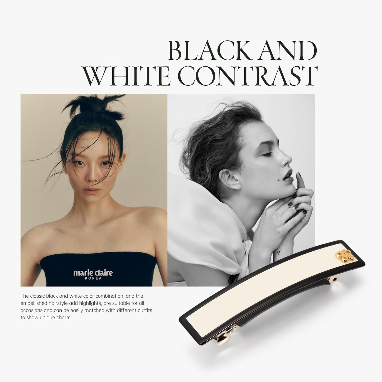 SHE'S FREE STYLE JUST FOR YOU [Chanel-style] Hair Barrette for Women, Acetate Resin Barette, Classic Black & White, French Hair Accessory for Thin Hair, Anti-Slip for Half-Hair (Middle,3.5 inch,1 Pcs)