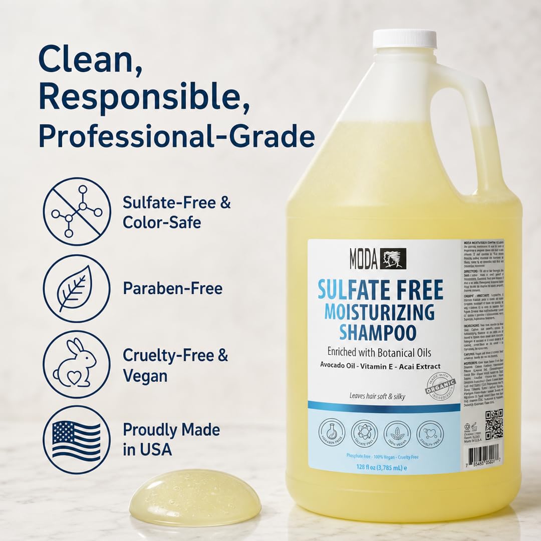 MODA Sulfate-Free Moisturizing Shampoo for All Hair Types - Professional - Deeply Cleanses and Conditions, Strengthens, Restores and Shines Hair - 1 GAL