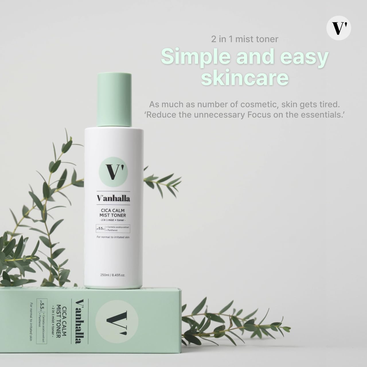 V’anhalla Cica Calm Mist Toner 8.45fl.oz | Vegan, pH5.5, Calming, Refreshing, Hydrating, Gentle exfoliating, pH balancing. Facial Mist Toner with Centella asiatica extract 6%, Panthenol 1%