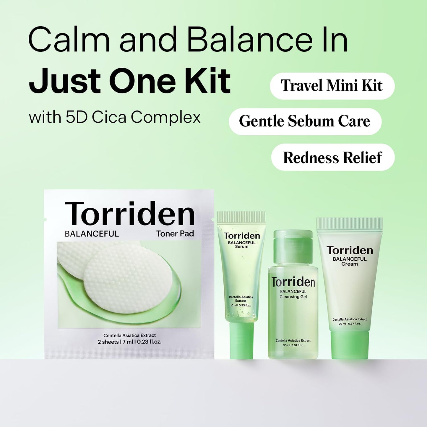 Torriden BALANCEFUL Cica Trial Kit, 5D Cica Infused Daily Skincare Kit - 4 Step Regimen with Cleansing Gel, Toner Pad, Serum, and Cream | Travel Essential | Korean Skin Care Set