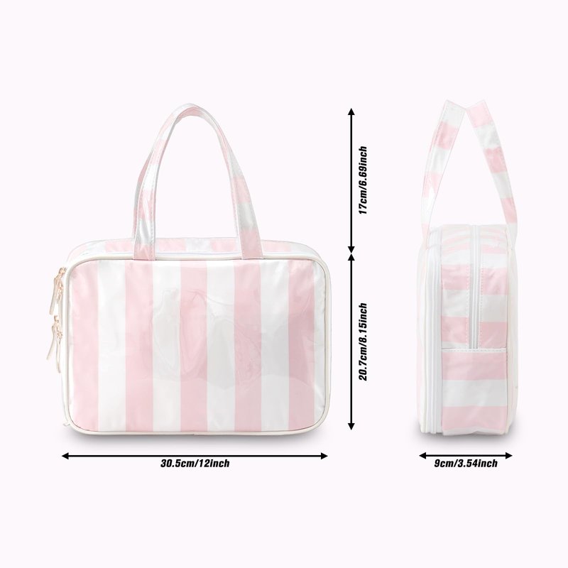 Travel Toiletry Bag for Women, Waterproof Clear Coated Portable Stripe Makeup Cosmetic Bag with Compartment, Travel Organizer for Shampoo, Conditioner, Brushes Set,Cosmetic Accessories(White-Pink)