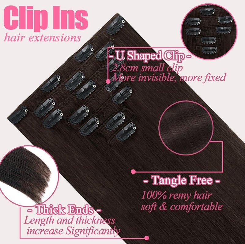 Clip in Hair Extensions Real Human Hair, 7Pcs 16 Inch Straight Brown Human Hair Extensions, 85g Dark Brown Seamless Invisible Real Clip in Human Hair Extensions, Double Weft Brazilian Remy Human Hair