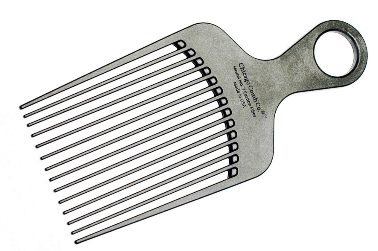 Chicago Comb No. 7 Carbon Fiber + Horween Dublin Black leather sheath, Made in USA, Detangling Pick & Lift Comb, Men & Women, Long, Curly & Thick Hair, Big Beards & Afros, Anti-Static, 6" (15 cm) Long