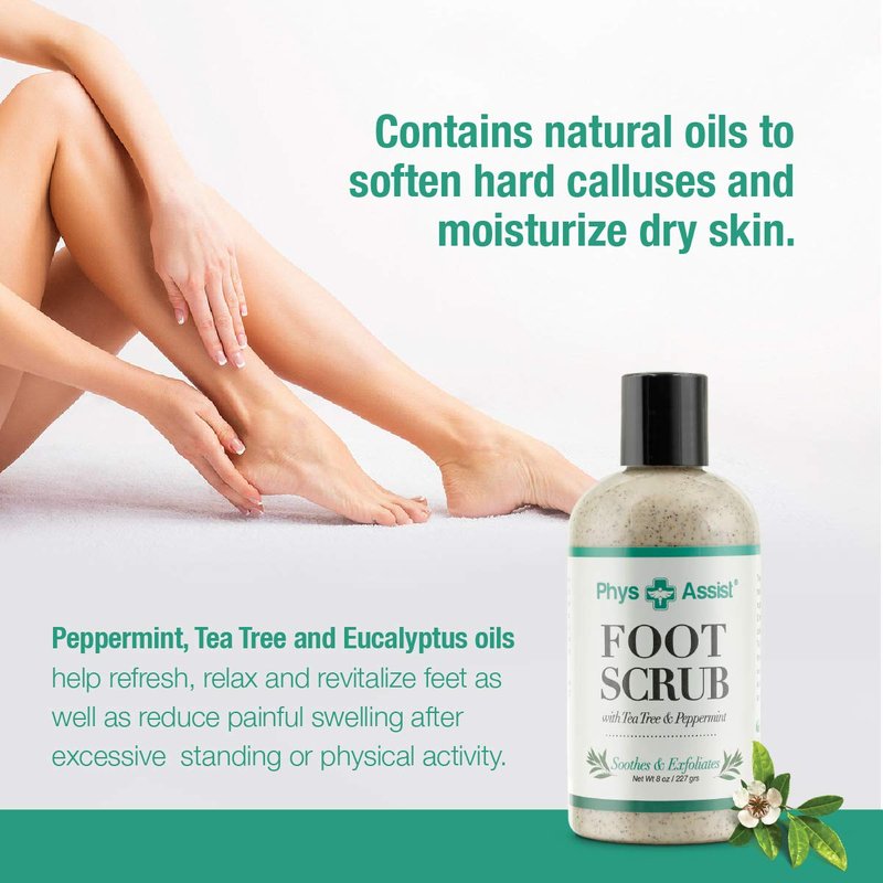 PhysAssist Foot Scrub | 8 oz. Tea Tree & Peppermint Exfoliating Formula for Soothing, Refreshing Feet