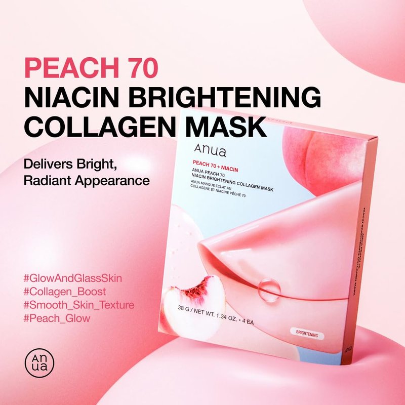 ANUA Peach 70 Niacin Brightening Collagen Mask, Overnight Face Mask for Glass Skin, Niacinamide, Elasticity, Even Skin Tone, Natural Color, Korean Skincare, 1.34 fl.oz/4ea