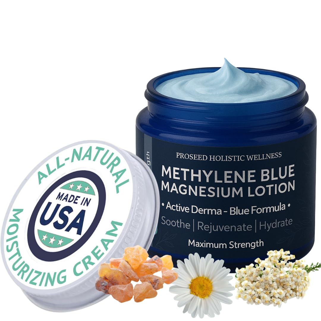 ProSeed Magnesium Lotion with Methylene Blue – Hydrating Face & Body Moisturizer with Yarrow, Turmeric, Chamomile & Vitamin E – Fast-Absorbing Cream for Dry Skin, Family-Friendly, 2 oz