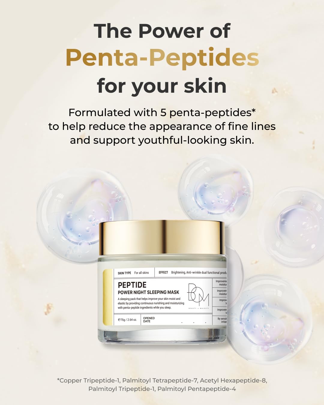 BOM COSMETICS Peptide Power Night Sleeping Mask 2.64 Fl Oz, High-Density Hydrating Overnight Facial Mask with Penta-Peptides and 99% Pure Gold for Skin Elasticity, Smooth Skin Texture, Korean Skincare