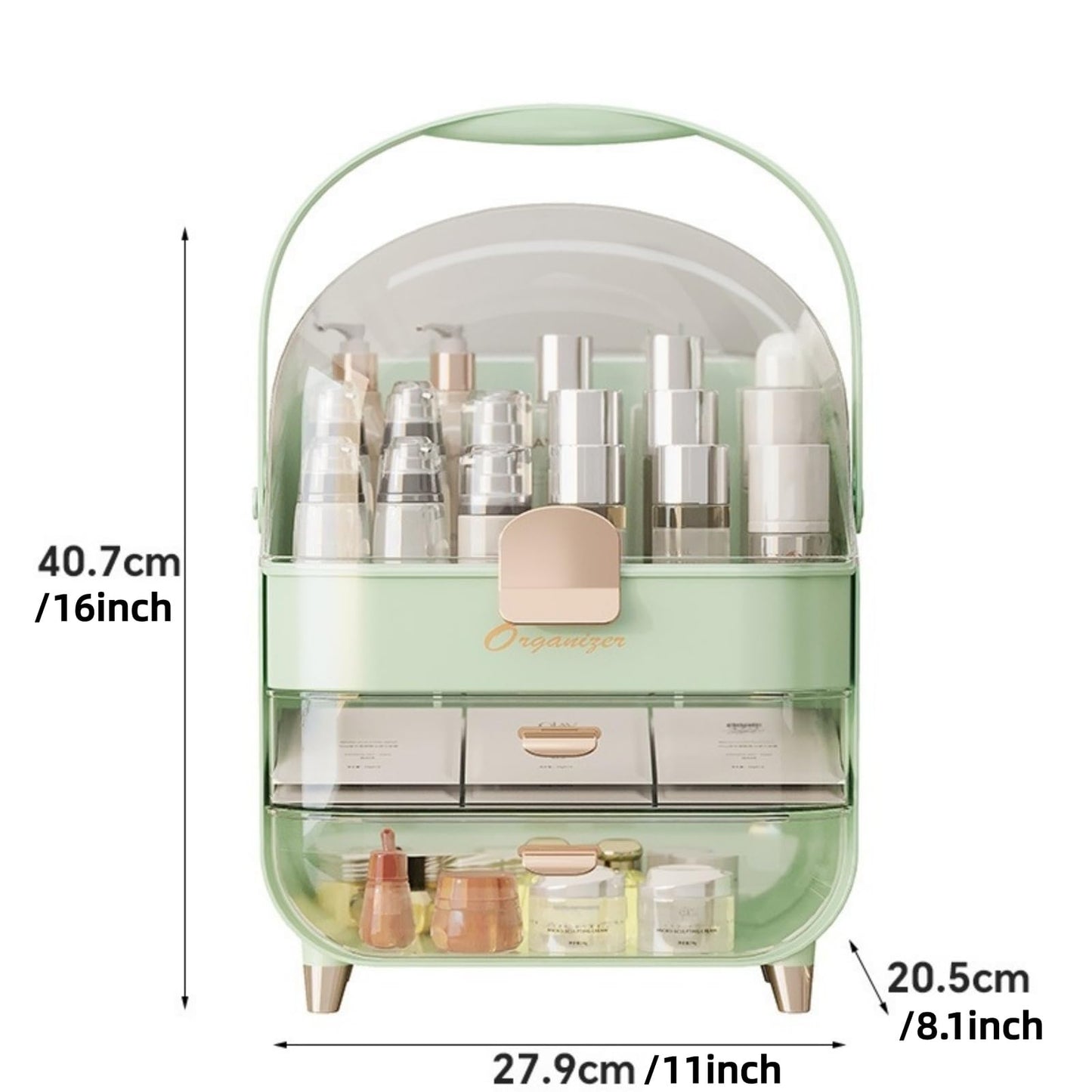 XAIODRAGONSKY Makeup Organizer, Skincare Organizers with Clear Lid & 2 Drawers and 360° Rotating Brush Holder