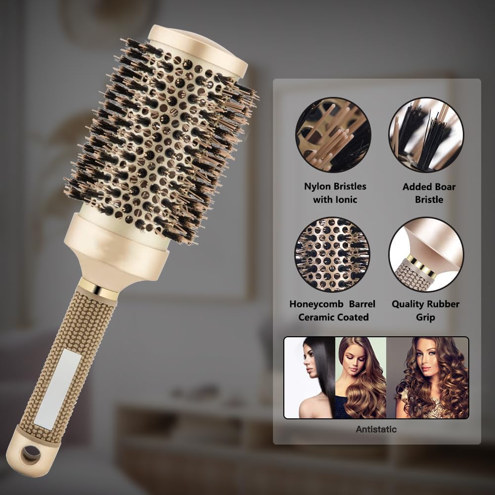 Curly Hair Brush Set - 8Pcs Round & Paddle Brushes for Women | Detangling Wet Long Thick Hair & Spray Bottle (Golden)
