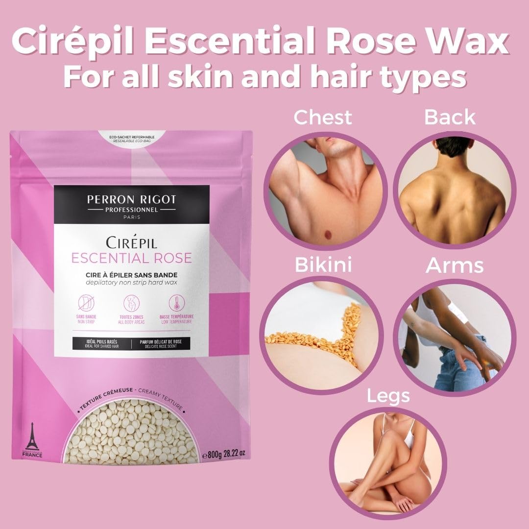 Cirepil Escential Rose Hard Wax Beads - Creamy Rose Scented Wax for Face, Bikini & Body | 800g / 28.22 oz Refill Bag