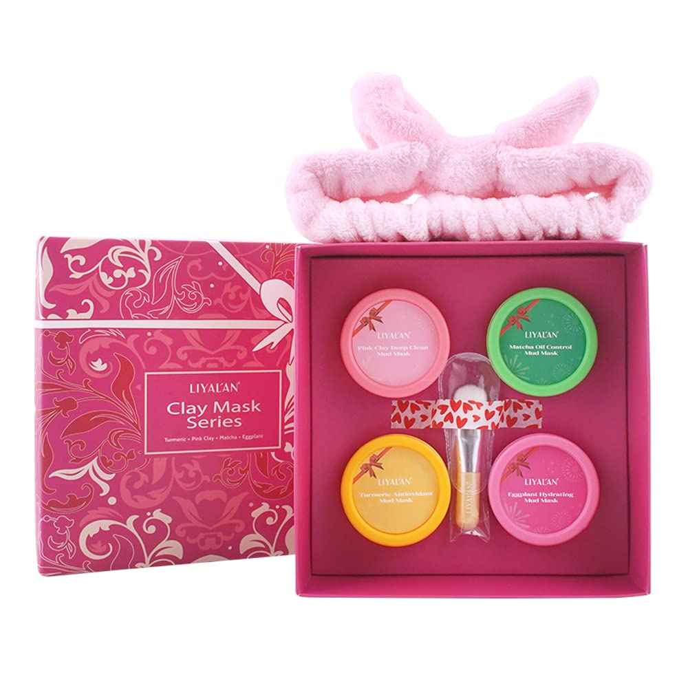 LIYALAN Face Clay Mask Set,Matcha Facial Mud,Eggplant Rose Face Skin Care, Turmeric Acne Facial Masks Gifts for Women, Deep Cleansing Pink 1.76 oz 4 pack