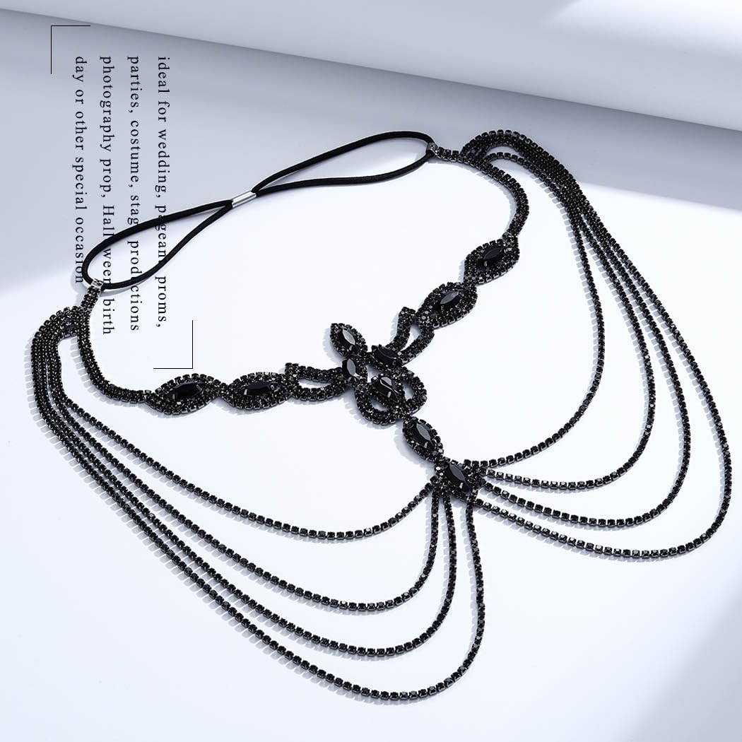 Fdesigner Flapper Mask Head Chain Masquerade Headpiece Rhinestone Costume Hair Accessories (Unique-Black)